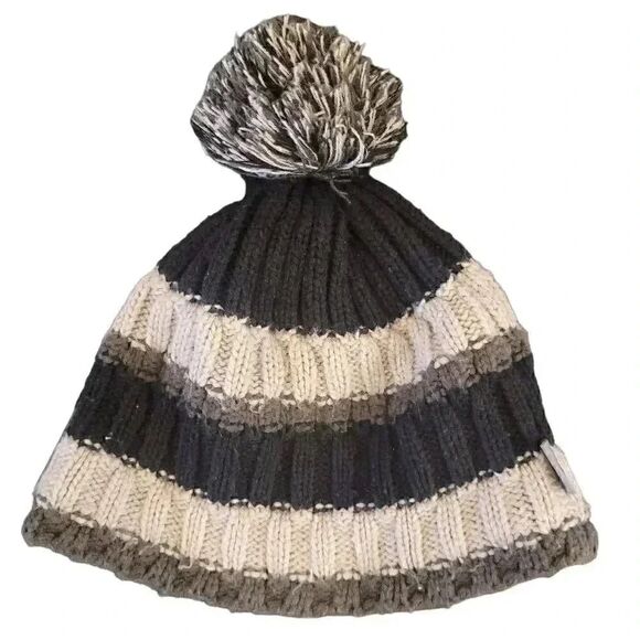 Turtle Fur Beanie Adult Knit Winter Cap with Pom Fleece Lined Black Striped - Picture 1 of 6